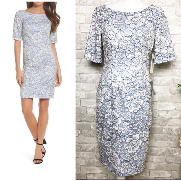 NWT Eliza J | Light Blue Floral Lace Sheath Dress with Low V Back Size 6 - Picture 2 of 12